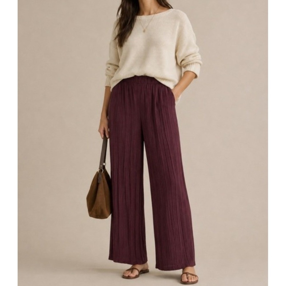Pure Jill Elements Eggplant Purple Plisse Wide Leg Ribbed Pants 2X NEW